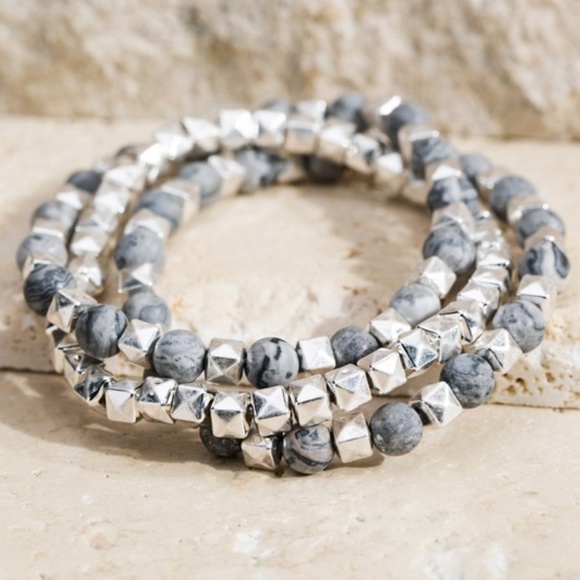 Jewelry - SOLD OUT Crazy Jasper & Silver Geometric Shape Bead Natural Stone Stretch